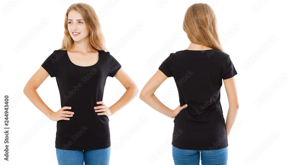 collage front and back views black t-shirt isolated on white background,empty t shirt collage front and back views black t-shirt isolated on white background,empty t shirt