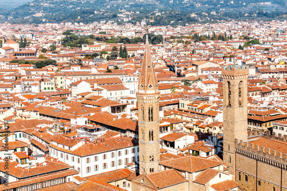 Panoramic aerial shot from viewpoint of the classical view to the most famous Florence landmarks at sunny day. Travel in Italy concept