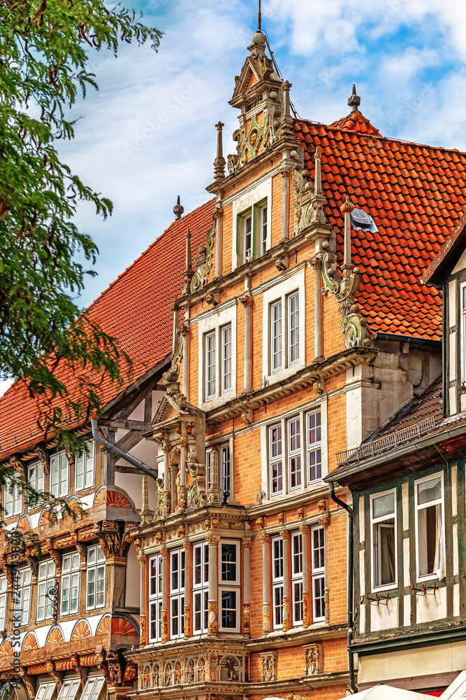 Old medieval buildings in the Weser Renaissance style in Hameln