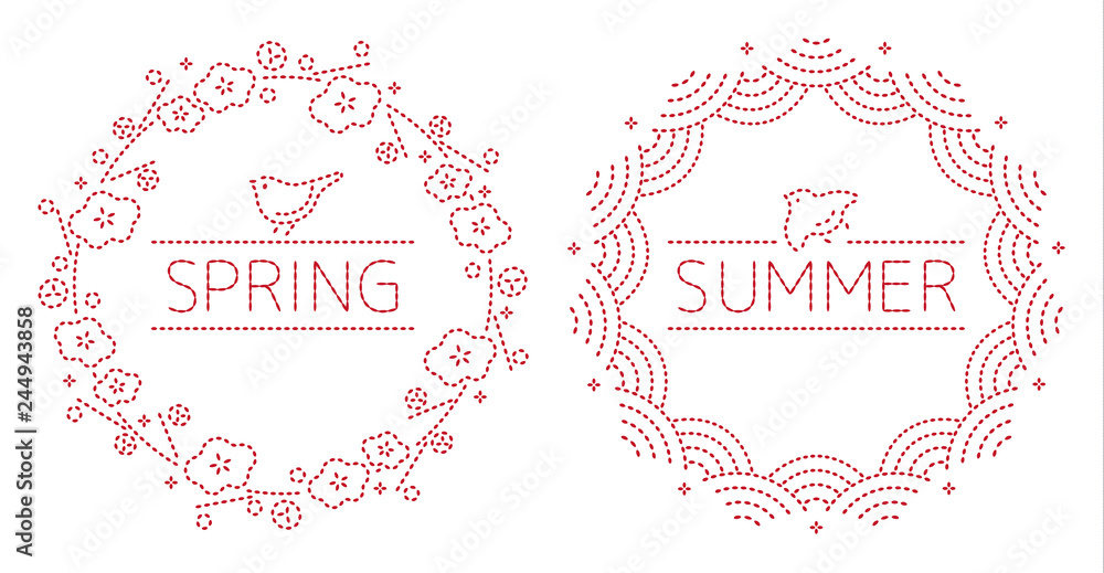 和風モダン刺繍模様 - 鳥と季節（春の梅と鶯／夏の千鳥と青海波）丸型縁飾り枠