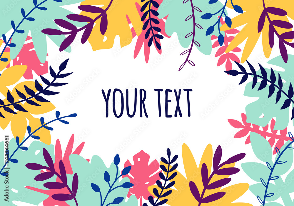 Vector natural horizontal background in trendy flat style with multicolored exotic plants, leaves and place for text. Modern botanical illustration for banner, greeting card, poster. Vector natural horizontal background in trendy flat style with multicolored exotic plants, leaves and place for text. Modern botanical illustration for banner, greeting card, poster.