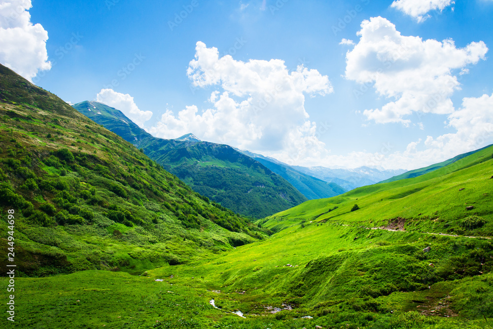 Mountain valley landscape on sunny spring day in Svaneti, Georgia