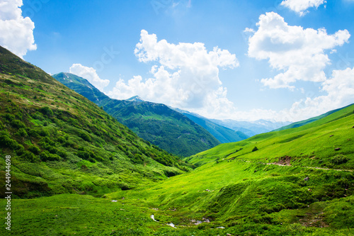 Obraz na płótnie Mountain valley landscape on sunny spring day in Svaneti, Georgia w salonie