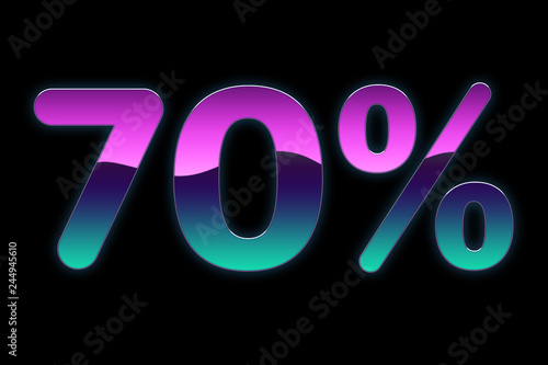 Bright colors 70% discount purple, blue, pink gradients, promotion sale percent made of glowing neon sign on black background, offer label.