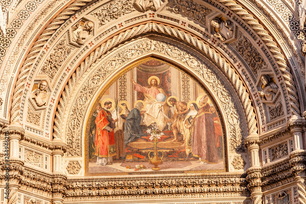 Famous tourist landmark Duomo Basilica Cathedral in Florence, detail closeup view