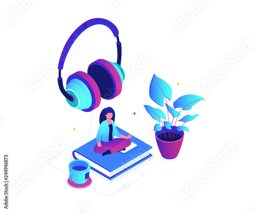 Listening to music - modern colorful isometric vector illustration
