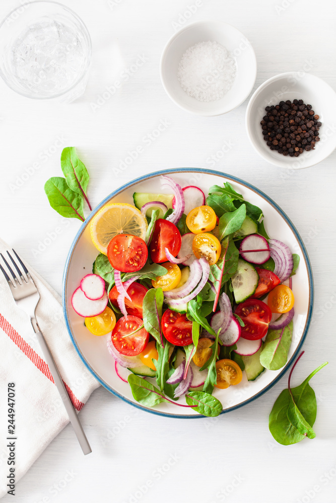 healthy colorful vegan tomato salad with cucumber, radish, onion healthy colorful vegan tomato salad with cucumber, radish, onion