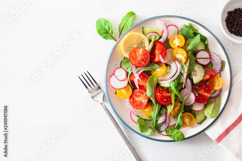 healthy colorful vegan tomato salad with cucumber, radish, onion