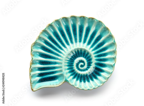 Stylish plate in shape of seashell on white background