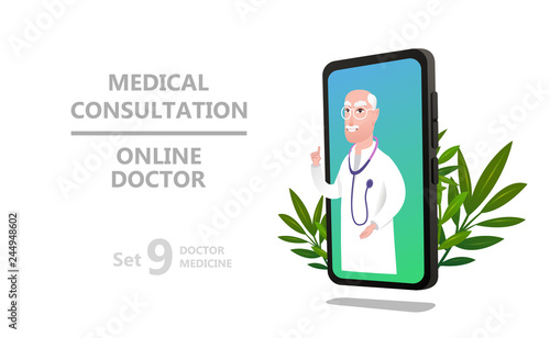 Online doctor character or patient consultation to the doctor via smartphone, can use for poster, banner, flyer, landing page, template, mobile app, ui, web. Medicine llustration concept - Vector