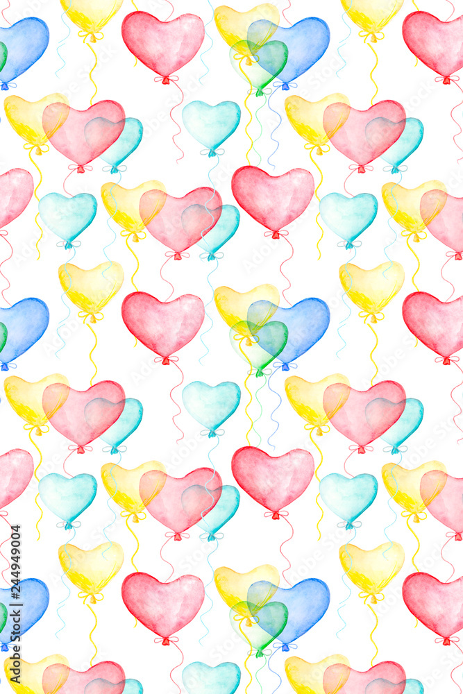 Valentines day background decoration with watercolor air balloons in form of hearts. Hand drawn illustration, love holiday symbol