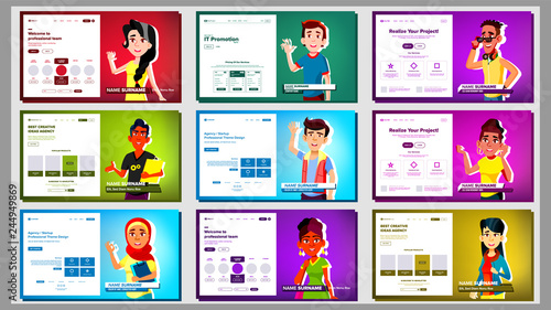 Self Presentation Banner Set Vector. Multiracial Person. Female, Male. Introduce Yourself Or Your Project, Business. Illustration