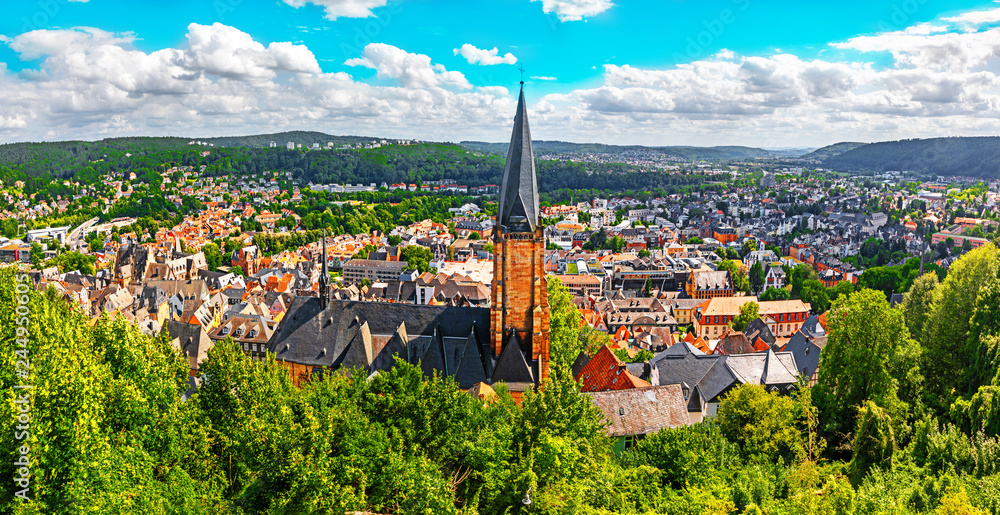 Panoramic view of Marburg and St. Mary's Church on sunny day, Germany.