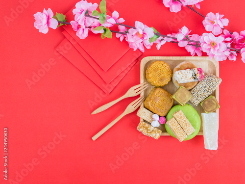 accessories Chinese new year festival decorations,red packet,plum blossom,on red background.
