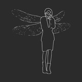 Young business woman silhouette with wings of dragonfly. Thin line style art.