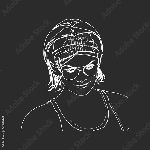 Portrait of beautiful woman in black sunglasses. Short hair. Thin line style art.
