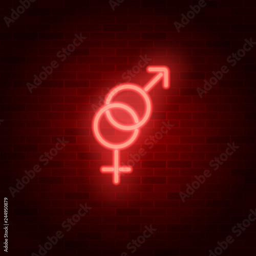 Neon heterosexuality sign. Male and female vector symbol on brick wall