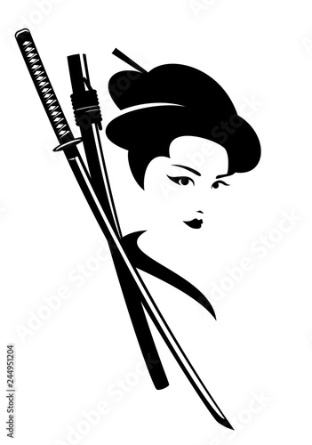 beautiful japanese geisha woman and traditional katana sword black and white vector design