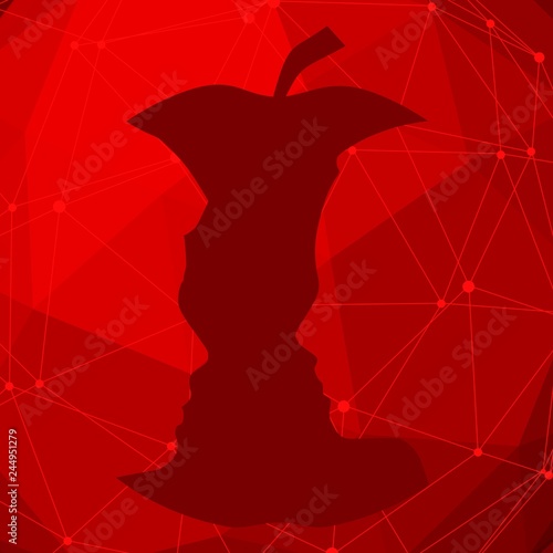 An apple or two face profile view. Optical illusion. Human head make silhouette of fruit. Connected lines with dots.