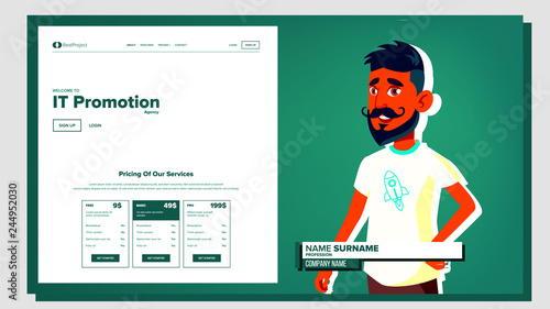 Self Presentation Vector. Arab Male. Introduce Yourself Or Your Project, Business. Illustration