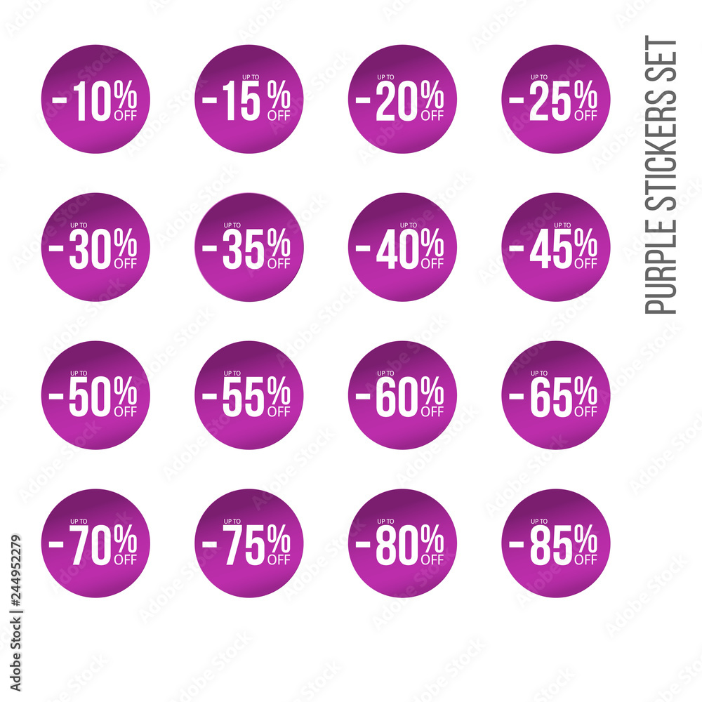 purple discount stickers set with sale percents numbers. From ten to eighty five purple discount stickers set with sale percents numbers. From ten to eighty five