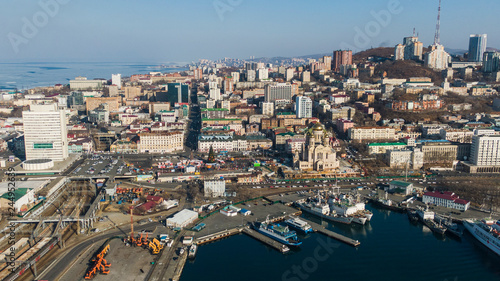 Vladivostok city aerial panoramic view, Primorsky Krai in Russia. Vladivostok is located at the head of the Golden Horn Bay. view from the top