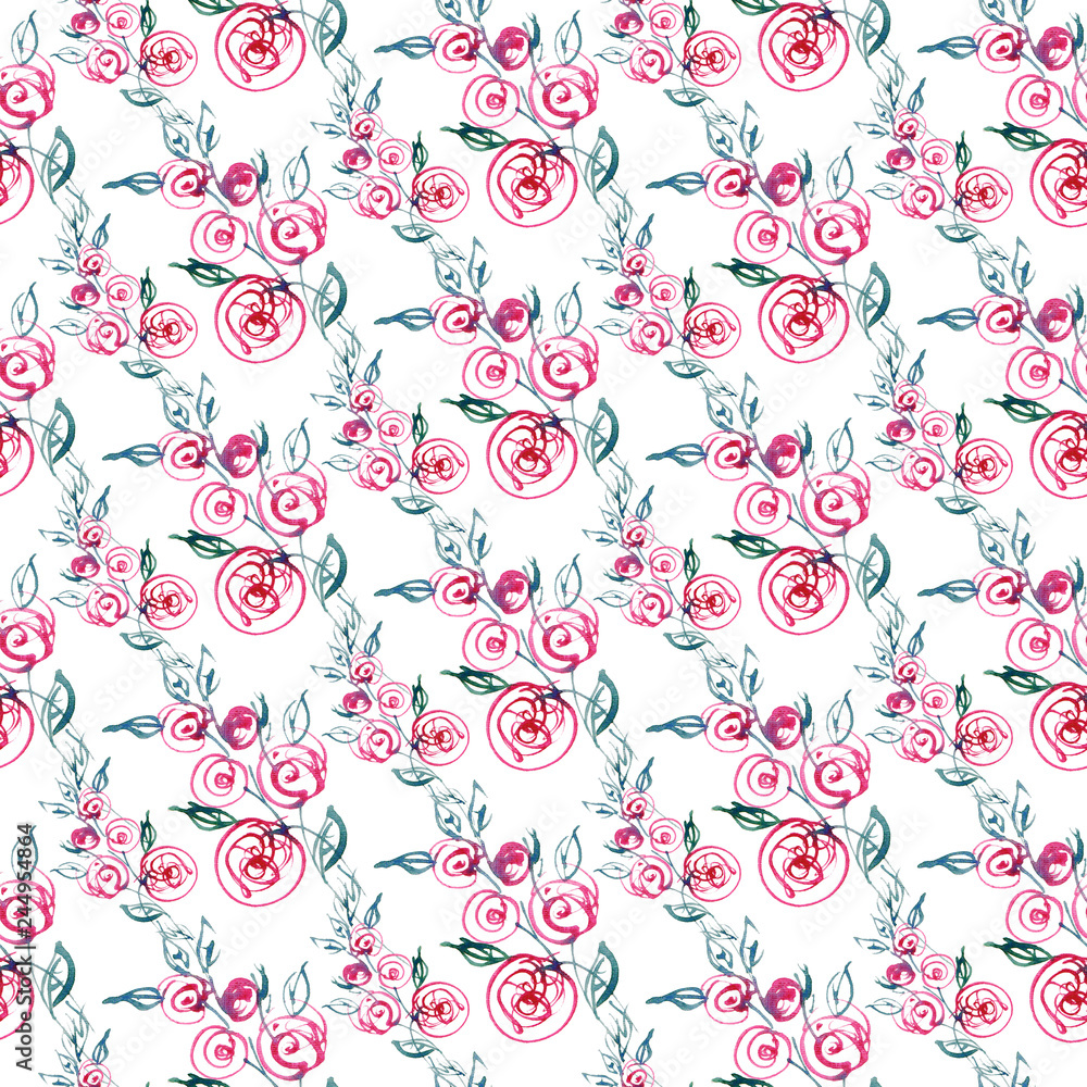 seamless pattern with roses, watercolor illustration sketch.