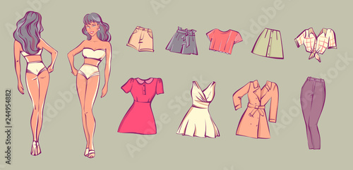 Paper doll with different dresses. Vector illustration photo