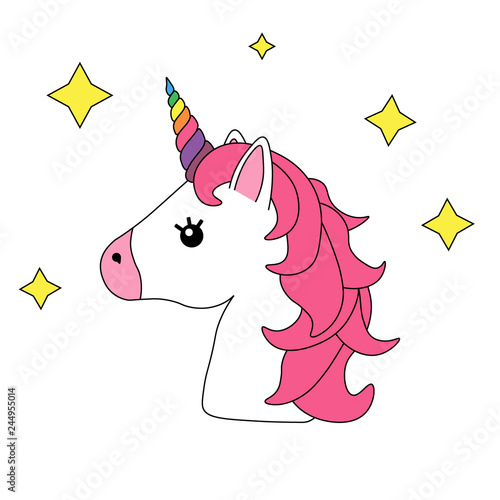 Unicorn vector icon isolated on white. Head portrait horse sticker, patch  badge. Magic cartoon fantasy cute animal. Rainbow horn, pink hair. Dream  symbol. Design for children Stock Vector | Adobe Stock