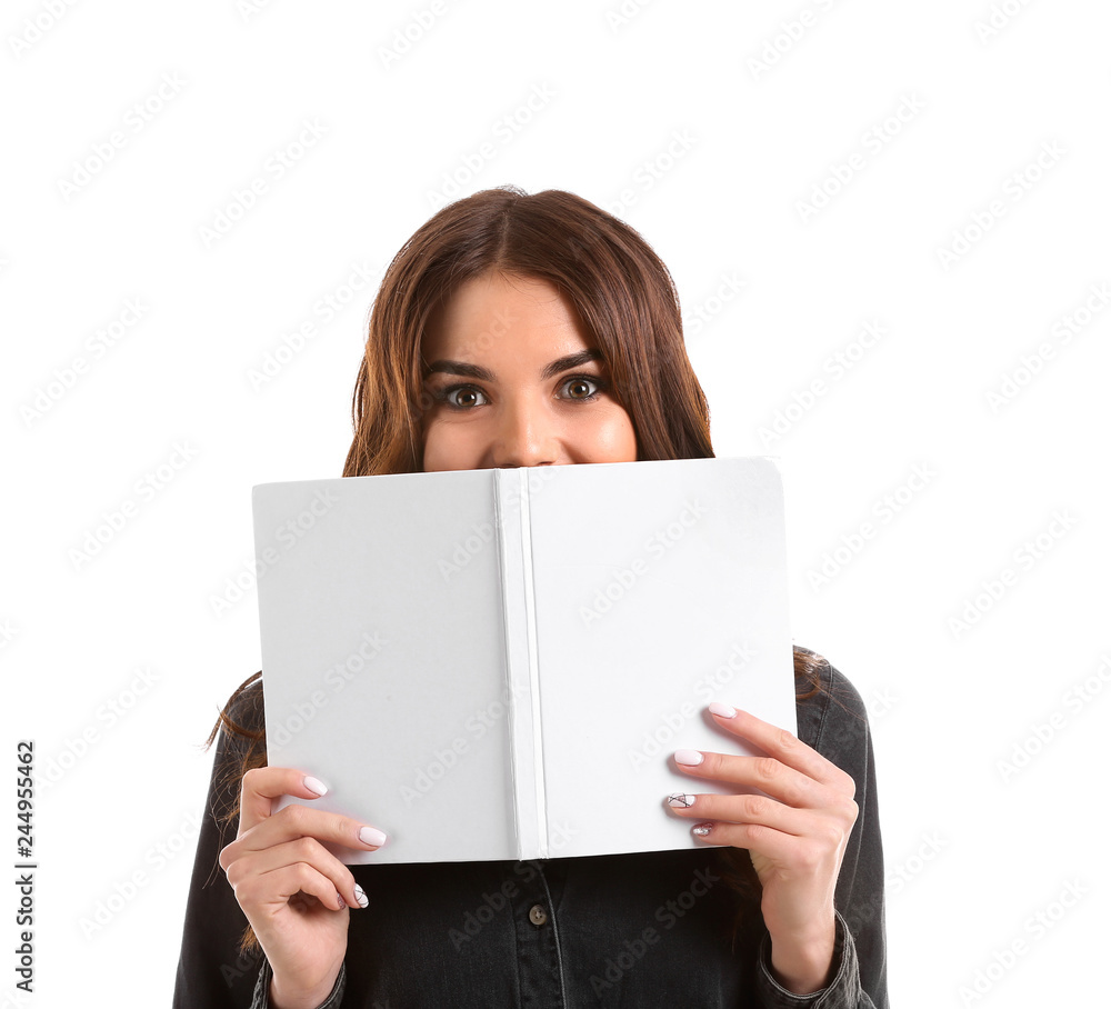 Beautiful young woman with book on white background Beautiful young woman with book on white background