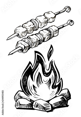 sketch of barbecue on skewer and bonfire