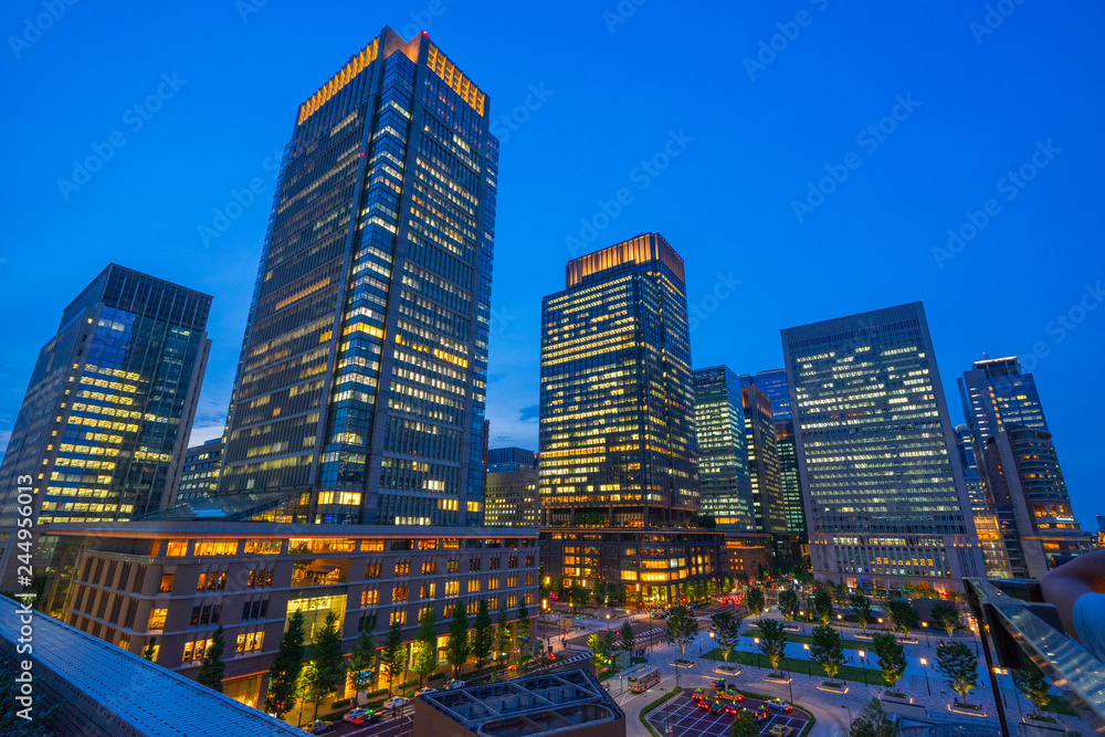 Naklejka premium 東京 東京駅 都会 ビル 夜景 夕方 夜 高層ビル