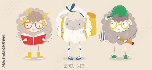Horizontal cute vector illustration of fluffy preschooler sheep preparing for the first day of school or kindergarten. Set of graphic elements for kids. Childish hand drawn lamb. Greeting card, fabric