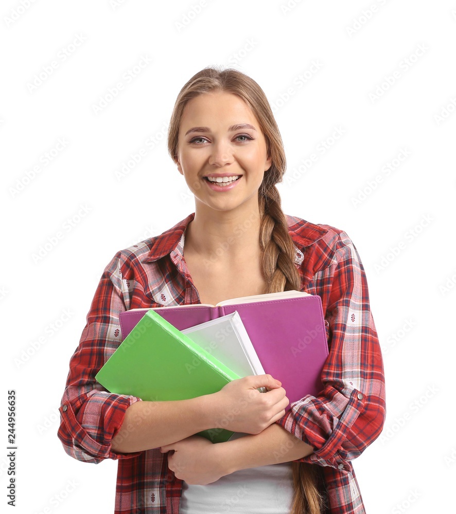 Beautiful young woman with books on white background Beautiful young woman with books on white background
