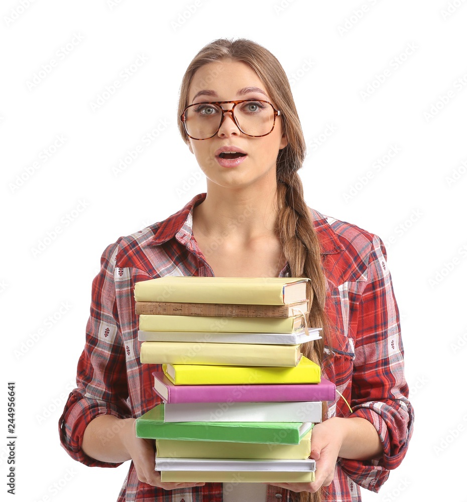 Beautiful young woman with stack of books on white background Beautiful young woman with stack of books on white background