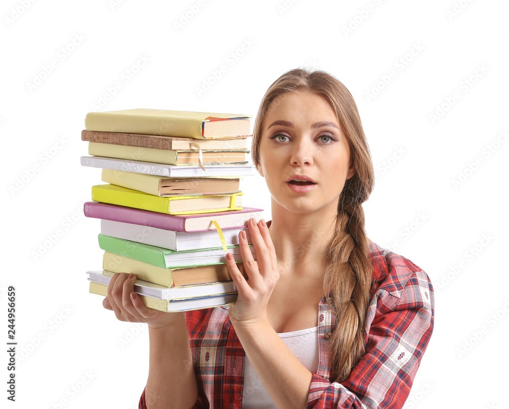 Beautiful young woman with stack of books on white background Beautiful young woman with stack of books on white background