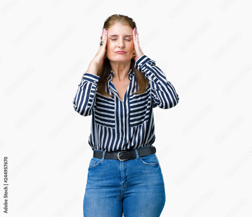 Middle age mature business woman over isolated background with hand on head for pain in head because stress. Suffering migraine. Middle age mature business woman over isolated background with hand on head for pain in head because stress. Suffering migraine.