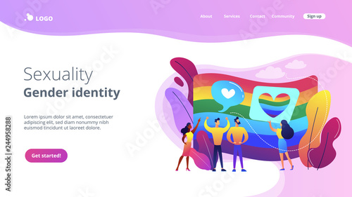 Rainbow coloured flag and LGBT community demonstration with hearts. Sexuality and gender identity, sexual orientation, LGBT movement concept. Website vibrant violet landing web page template.