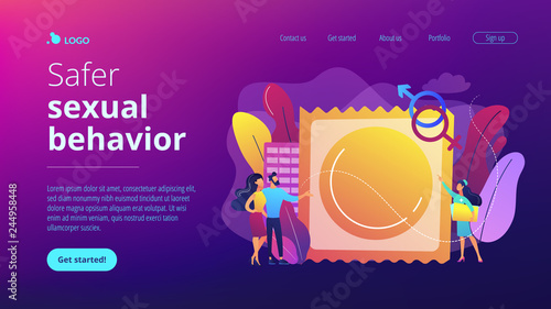 Couple prevent sexually transmitted infections with condom. Sexually transmitted diseases, safer sexual behavior, sexual infection treatment concept. Website vibrant violet landing web page template.