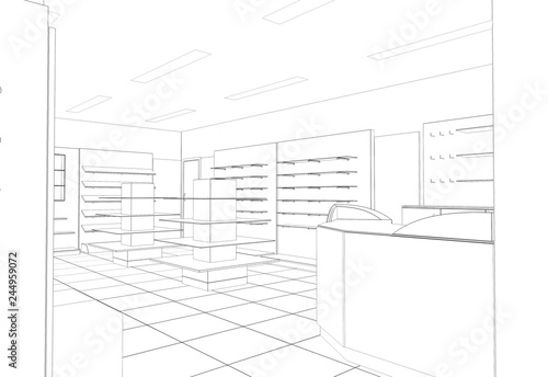 shop, store, shopping mall, contour visualization, 3D illustration, sketch, outline