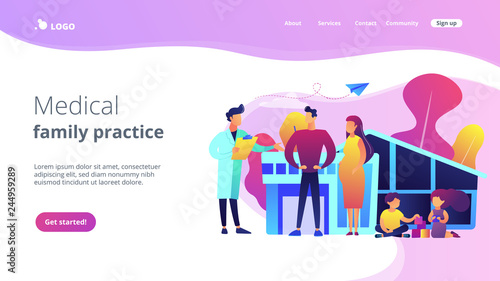 Family phisician with husband, pregnant wife and playing children. Family doctor, medical family practice, primary healthcare care concept. Website vibrant violet landing web page template.