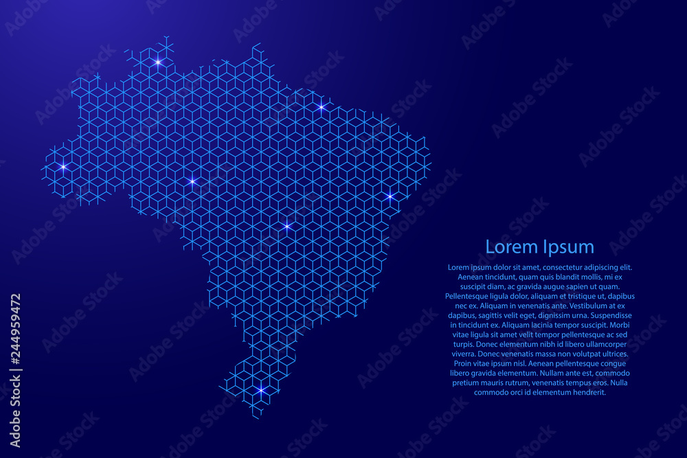 Brazil map abstract schematic from blue lines repeating pattern geometric background with rhombus and nodes with space stars for banner, poster, greeting card. Vector illustration.