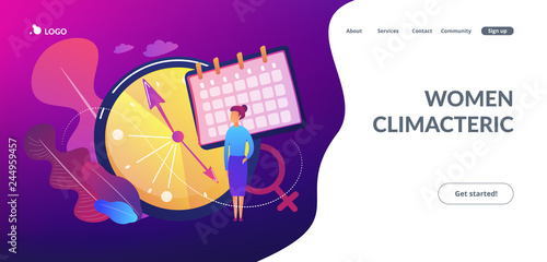 Menopause woman standing at her biological clock measuring age and calendar. Menopause  women climacteric  hormone replacement therapy concept. Website vibrant violet landing web page template.