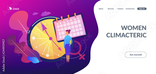 Menopause woman standing at her biological clock measuring age and calendar. Menopause, women climacteric, hormone replacement therapy concept. Website vibrant violet landing web page template.