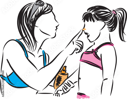 mother applying sunscreen lotion to daughter vector illustration