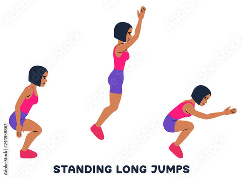 Standing long jumps. Sport exersice. Silhouettes of woman doing exercise. Workout, training.