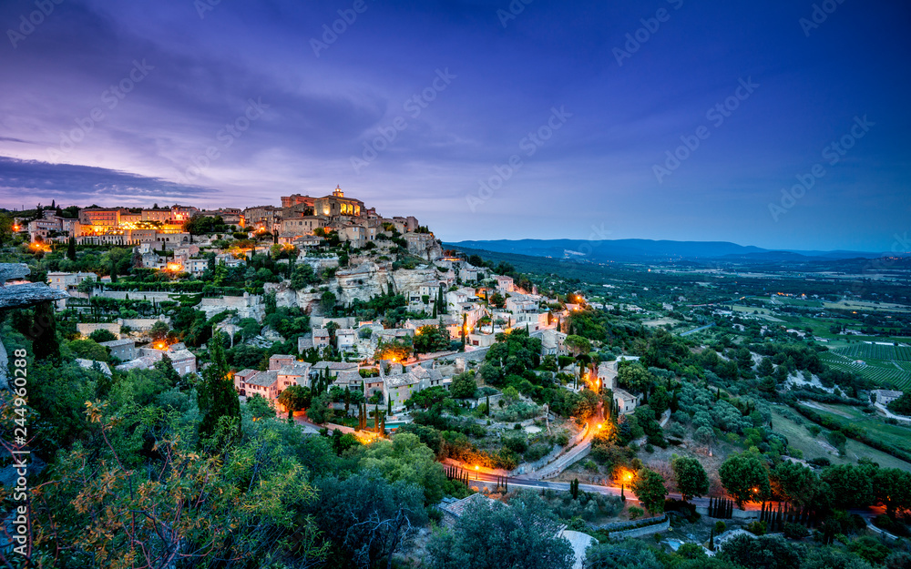 View of the medieval town of Gordes at dusk, Luberon, South of France