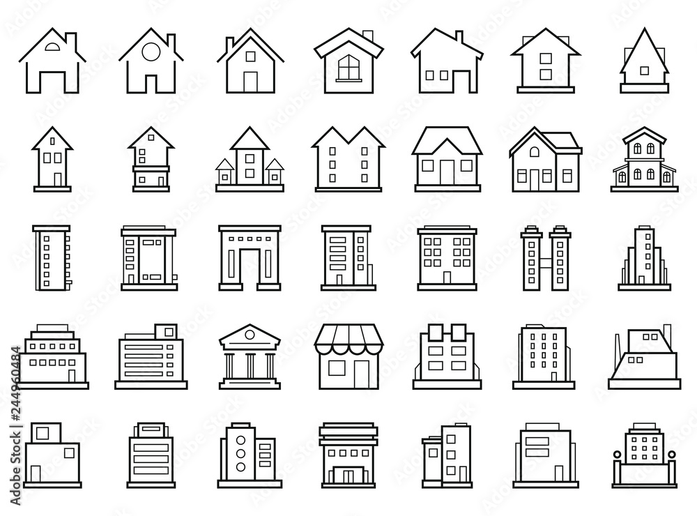 Homes and Buildings. Set of outline modern futuristic building icons.