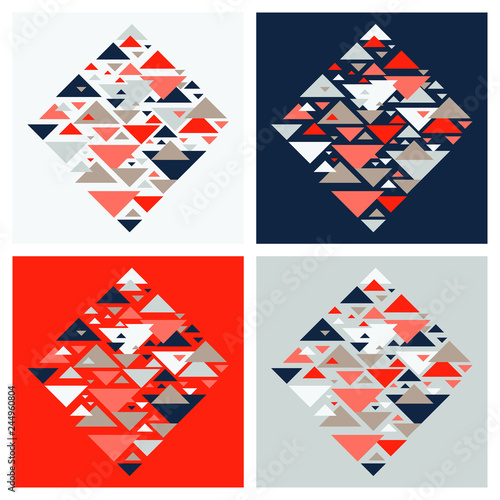 Set of four abstract geometric background - multicolor triangles pattern. Vector illustration. Red, white, grey, navy blue colors. Bold vivid colored triangles mosaic tessellation.