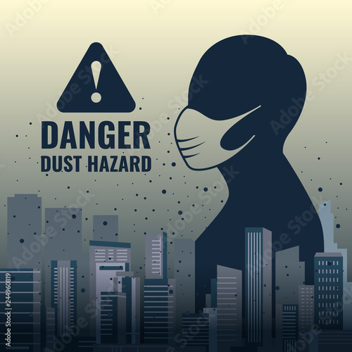Danger dust hazard concept with human wearing dust masks in City Building and dust vector design
